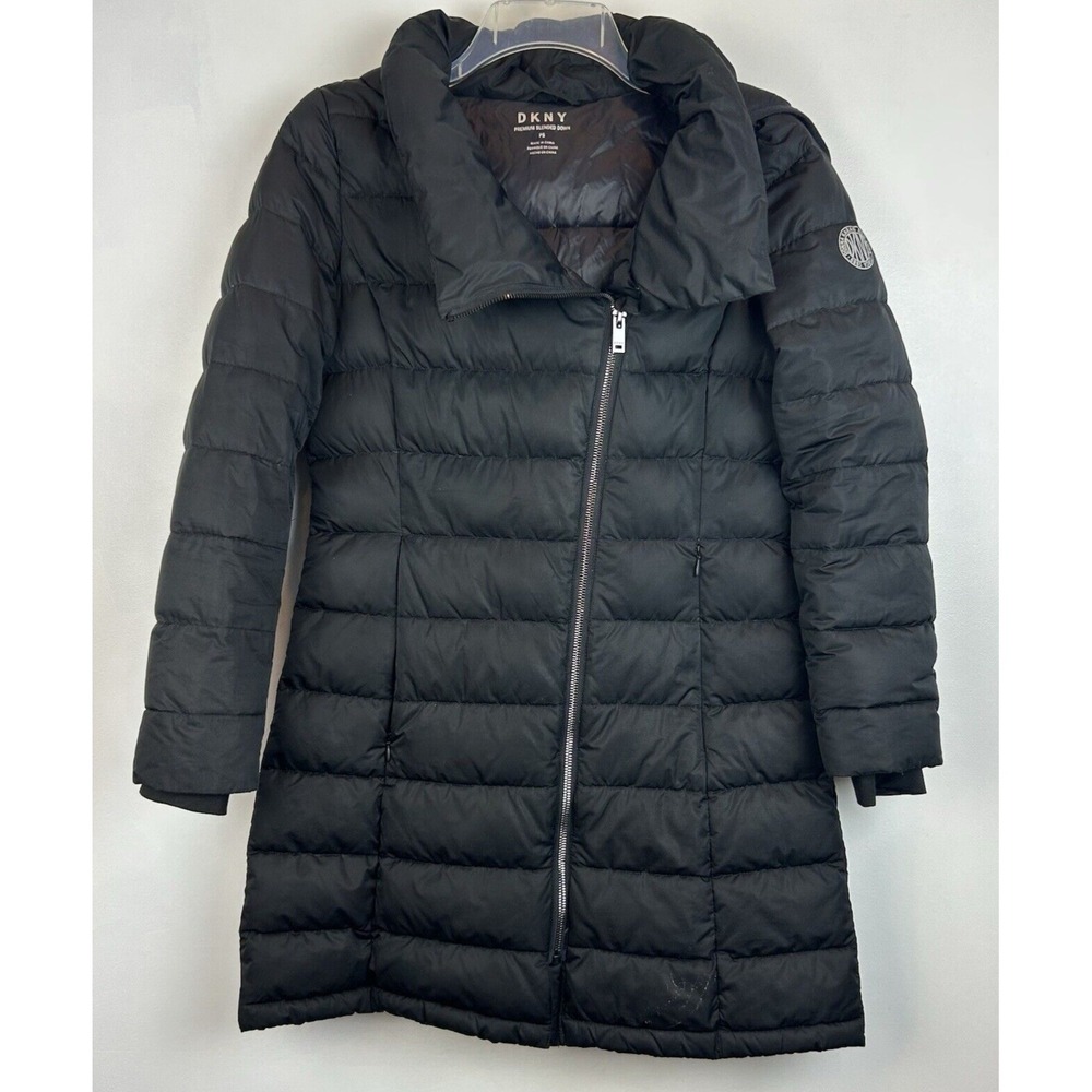 DKNY Down Puffer Coat Womens Small Black Hooded Mid Length Zip Pockets Cozy Read